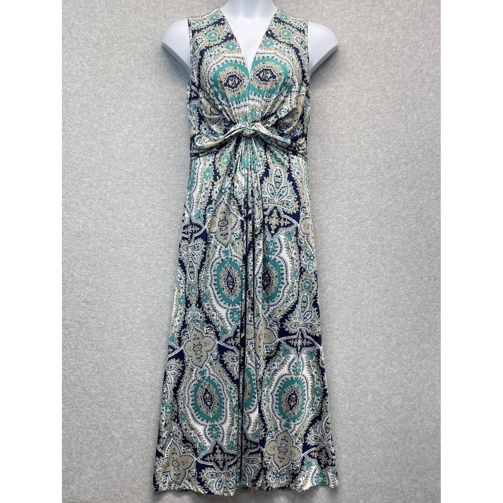 Soft Surroundings Medici Maxi Dress Womens Medium Blue Green Paisley Twist Front